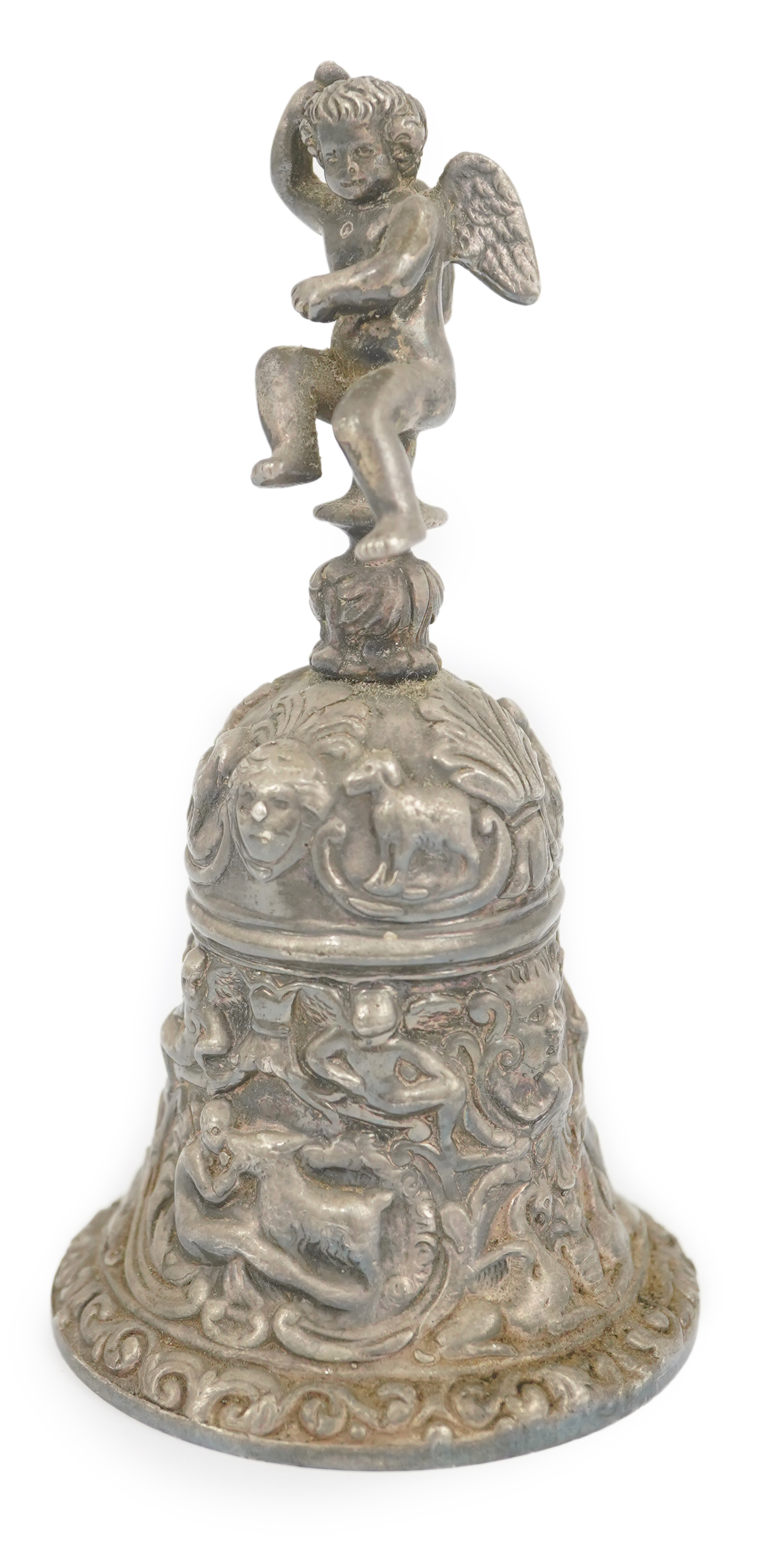 An Elizabeth II cast silver bell with Cupid handle, by D J Silver Repairs